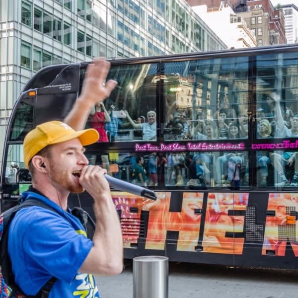 Image of Performer, Person, Solo Performance, Adult, Male, Man, Hat, Bus, Vehicle, 