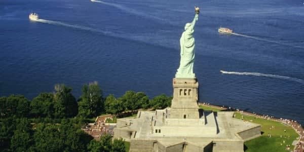 Image of Art, Sculpture, Statue, Landmark, Statue of Liberty, Boat, 