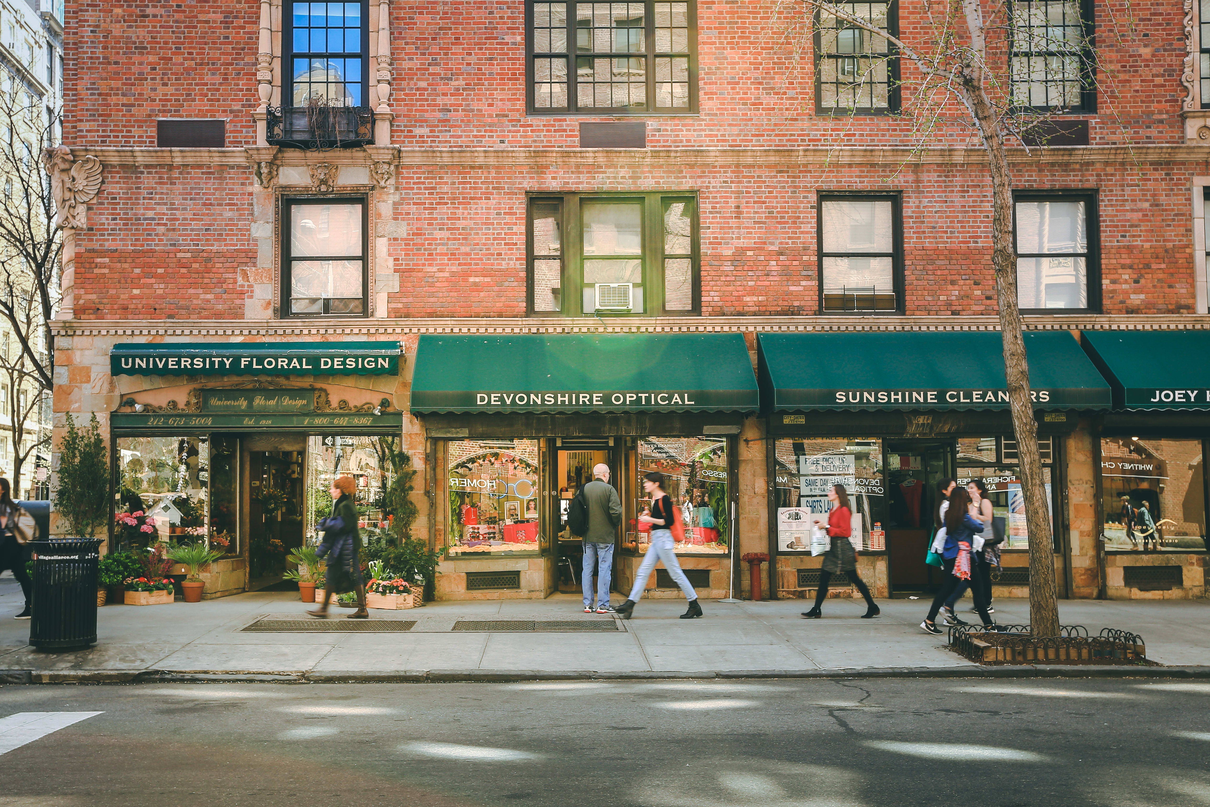 Image of City, Road, Street, Urban, Person, Walking, Path, Brick, Neighborhood, Plant, Handbag, Sidewalk,