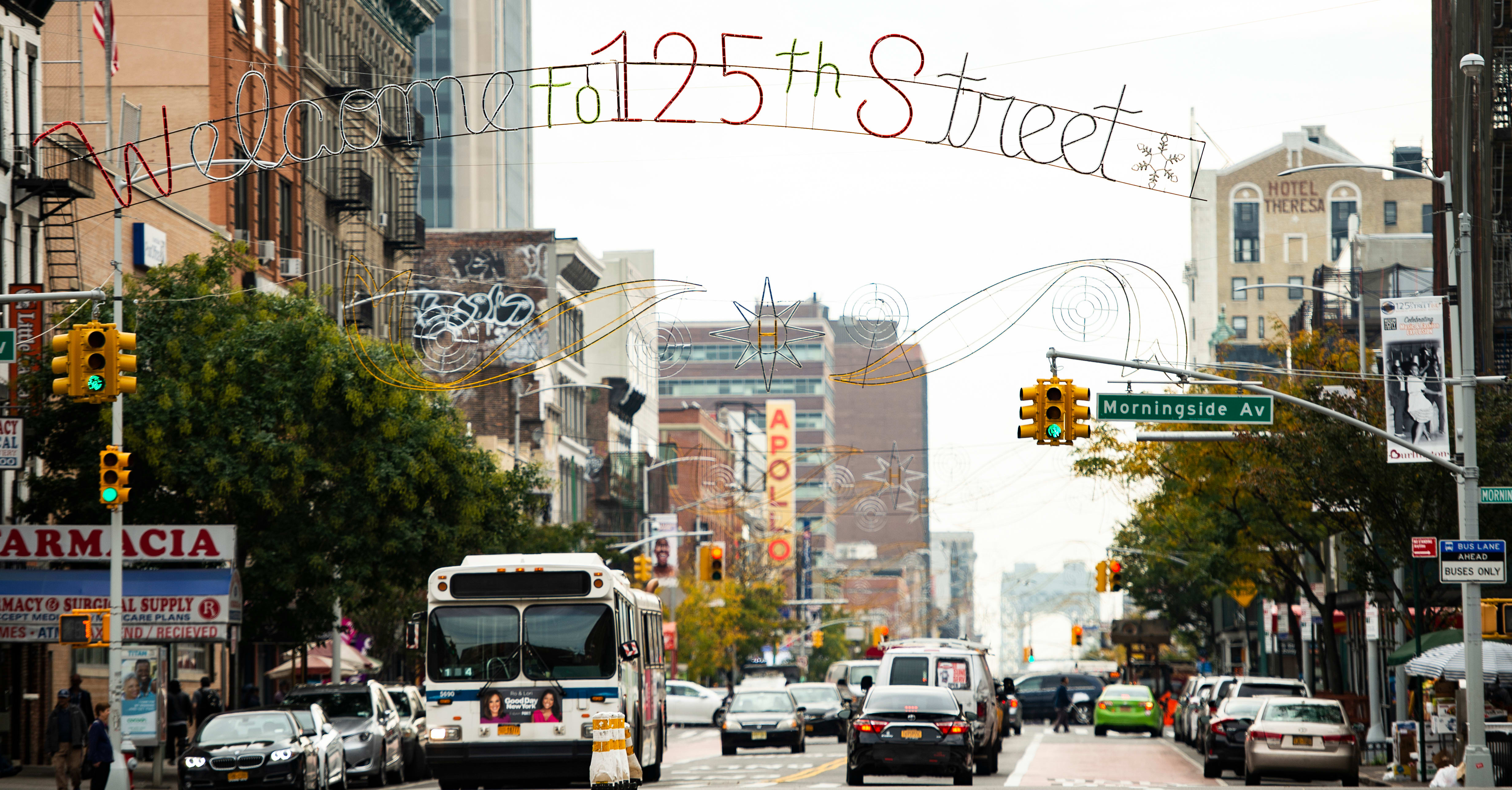 Image of City, Metropolis, Urban, Neighborhood, Road, Car, Vehicle, Light, Traffic Light, Person, Bus, Street,