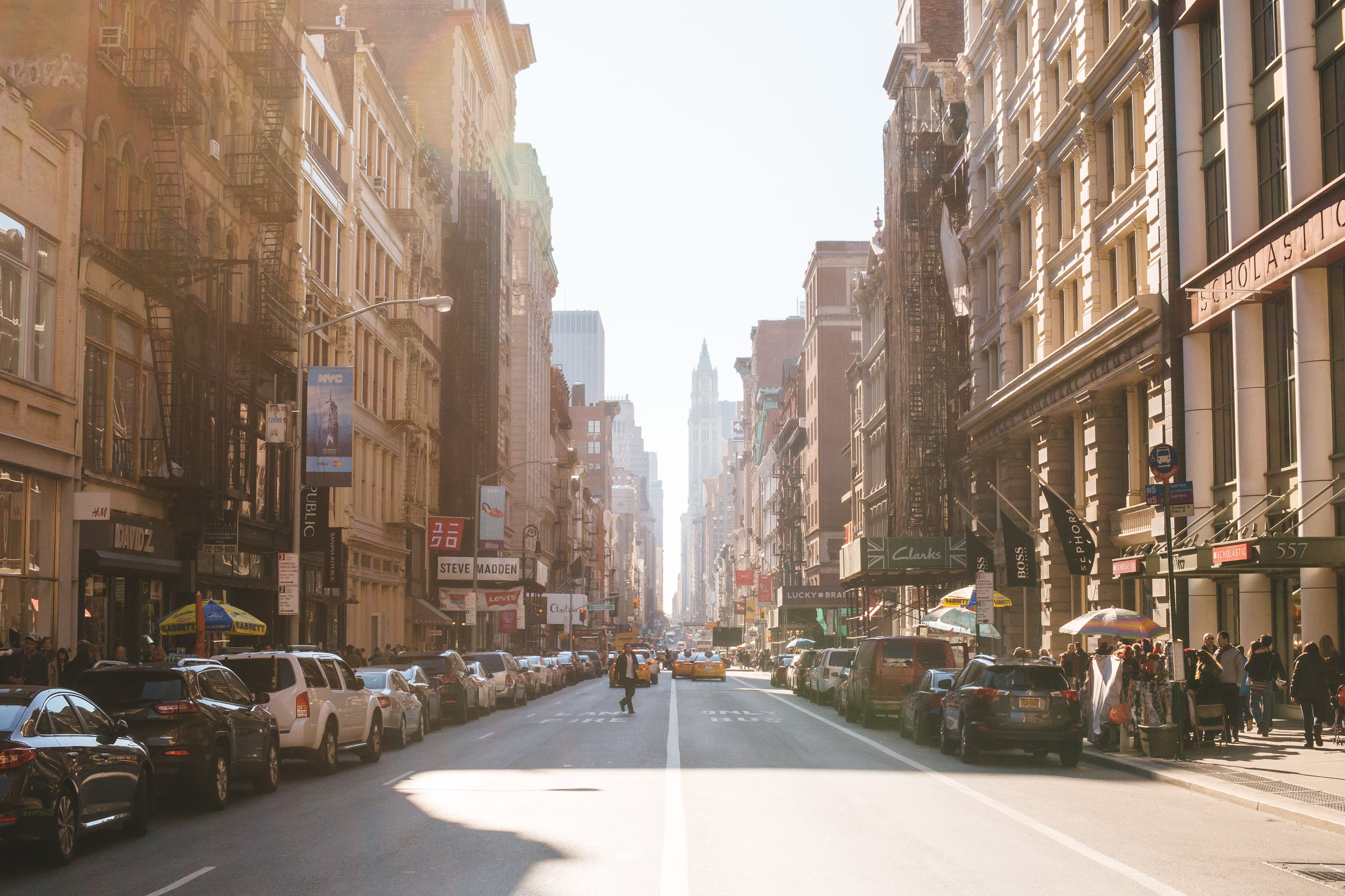 Image of City, Road, Street, Urban, Cityscape, Metropolis, Car, Vehicle, Neighborhood, Person, Flag, 