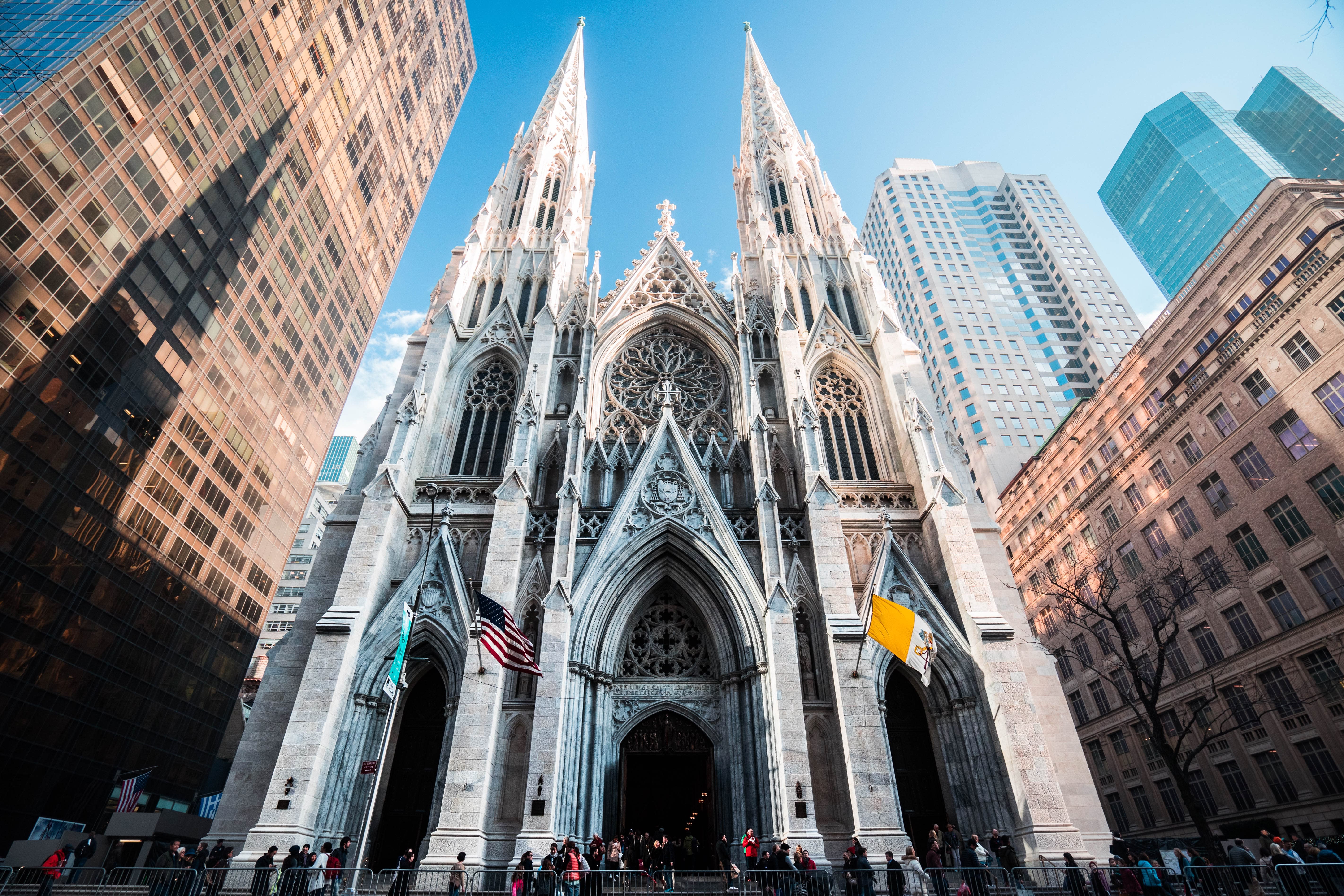 Image of Arch, Cathedral, Church, Gothic Arch, Flag, City, Person,