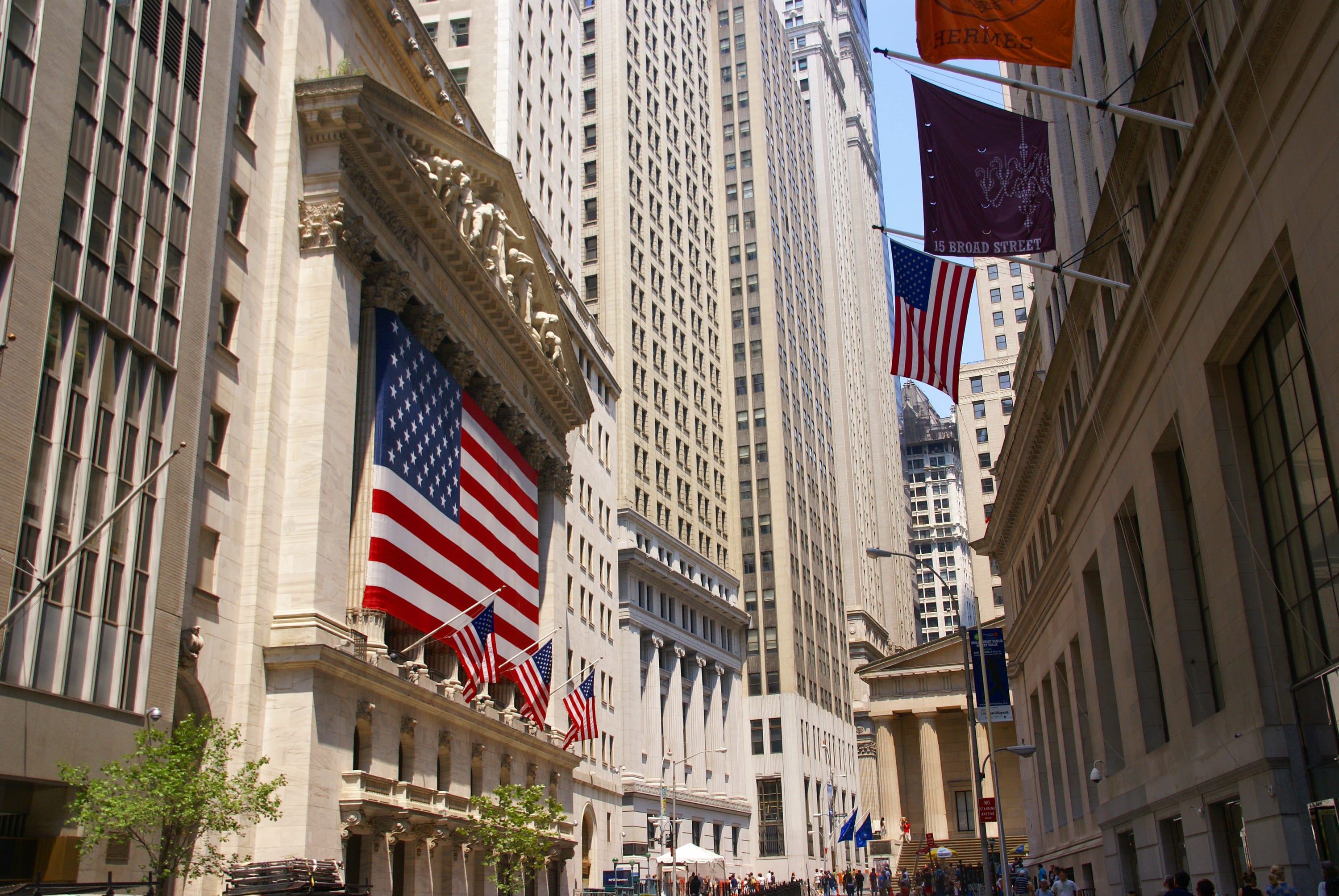 Image of City, Metropolis, Urban, Office Building, Person, Road, Street, Neighborhood, American Flag, Flag, 