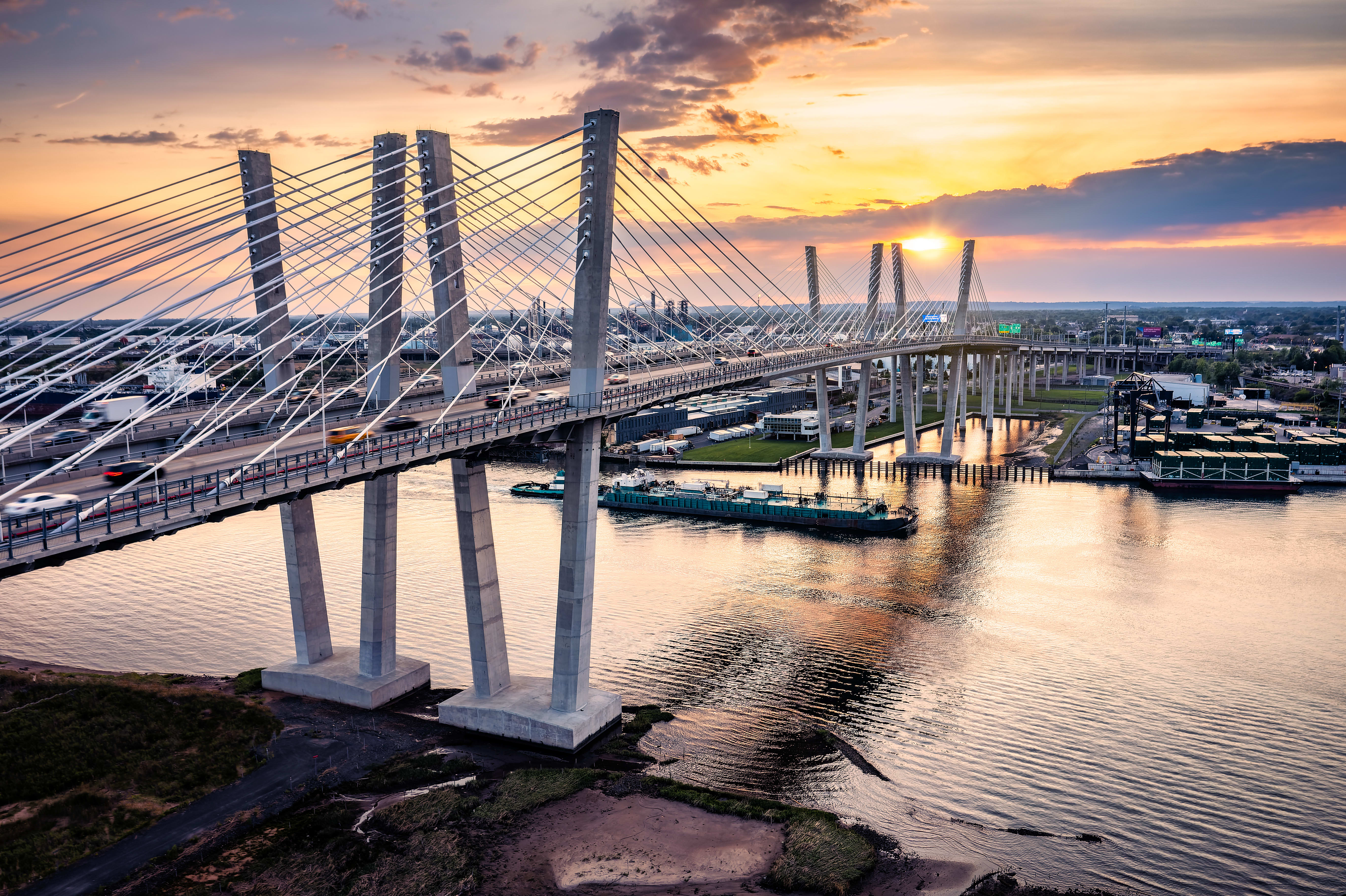 Image of Cityscape, Urban, Outdoors, Bridge, Water, Waterfront, Boat, 