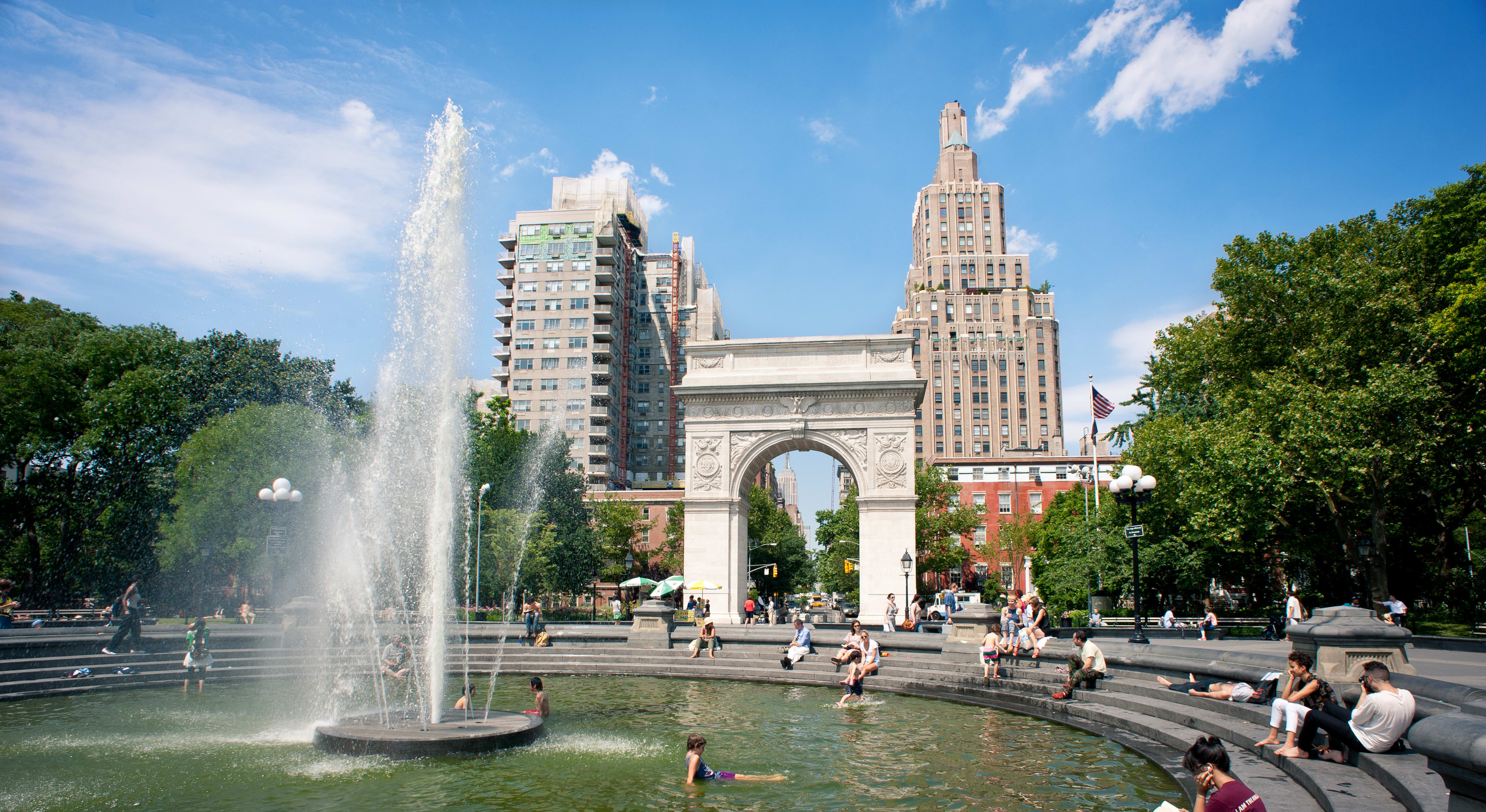 Image of City, Fountain, Water, Arch, Person, Urban, Downtown, 