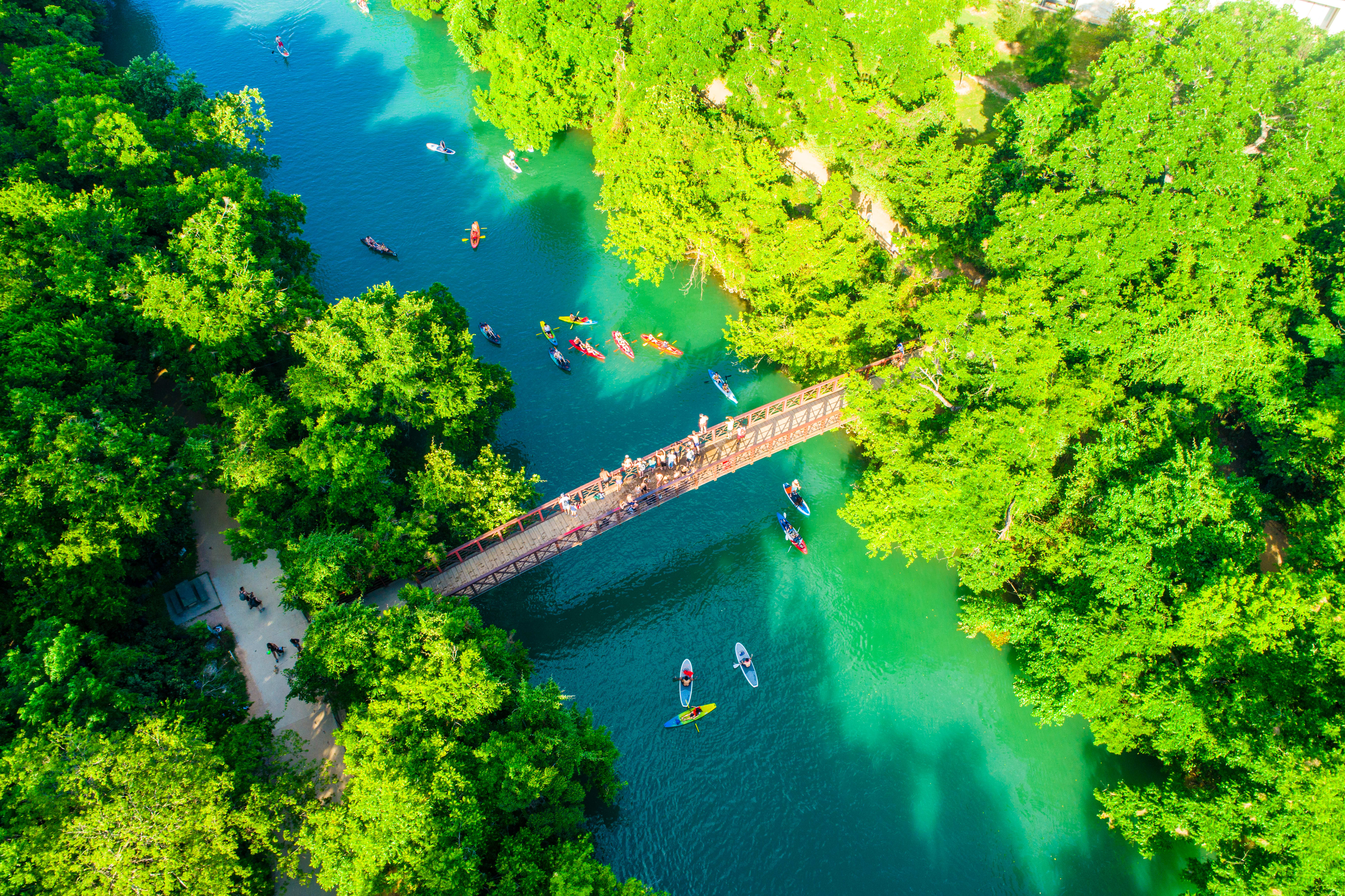 Image of Vegetation, Land, Nature, Outdoors, Tree, Woodland, Lake, Water, Aerial View, Boat, Vehicle, Jungle, River, Person, 