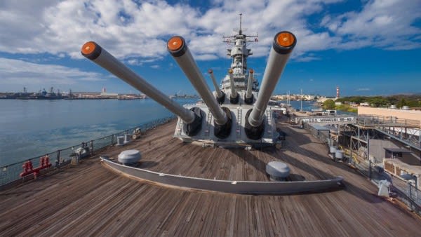 Image of Water, Waterfront, Ship, Vehicle, Military, Turret, Battleship, Navy, 