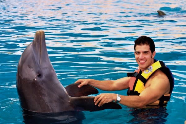 Image of Lifejacket, Vest, Animal, Dolphin, Mammal, Sea Life, Adult, Male, Man, Person, 