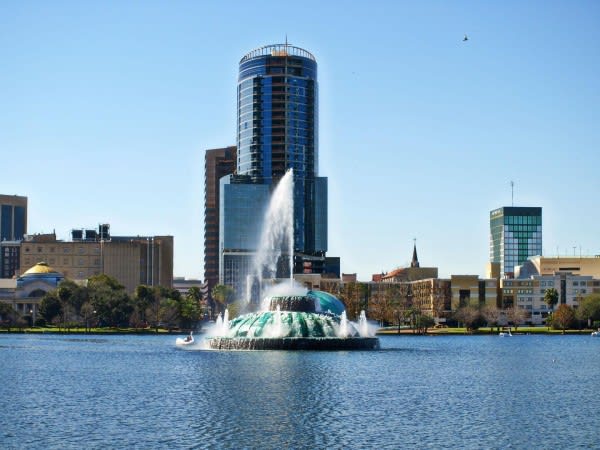 Image of City, Fountain, Water, Urban, Office Building, Cityscape, Metropolis, Condo, Housing, Boat, Vehicle, High Rise, 