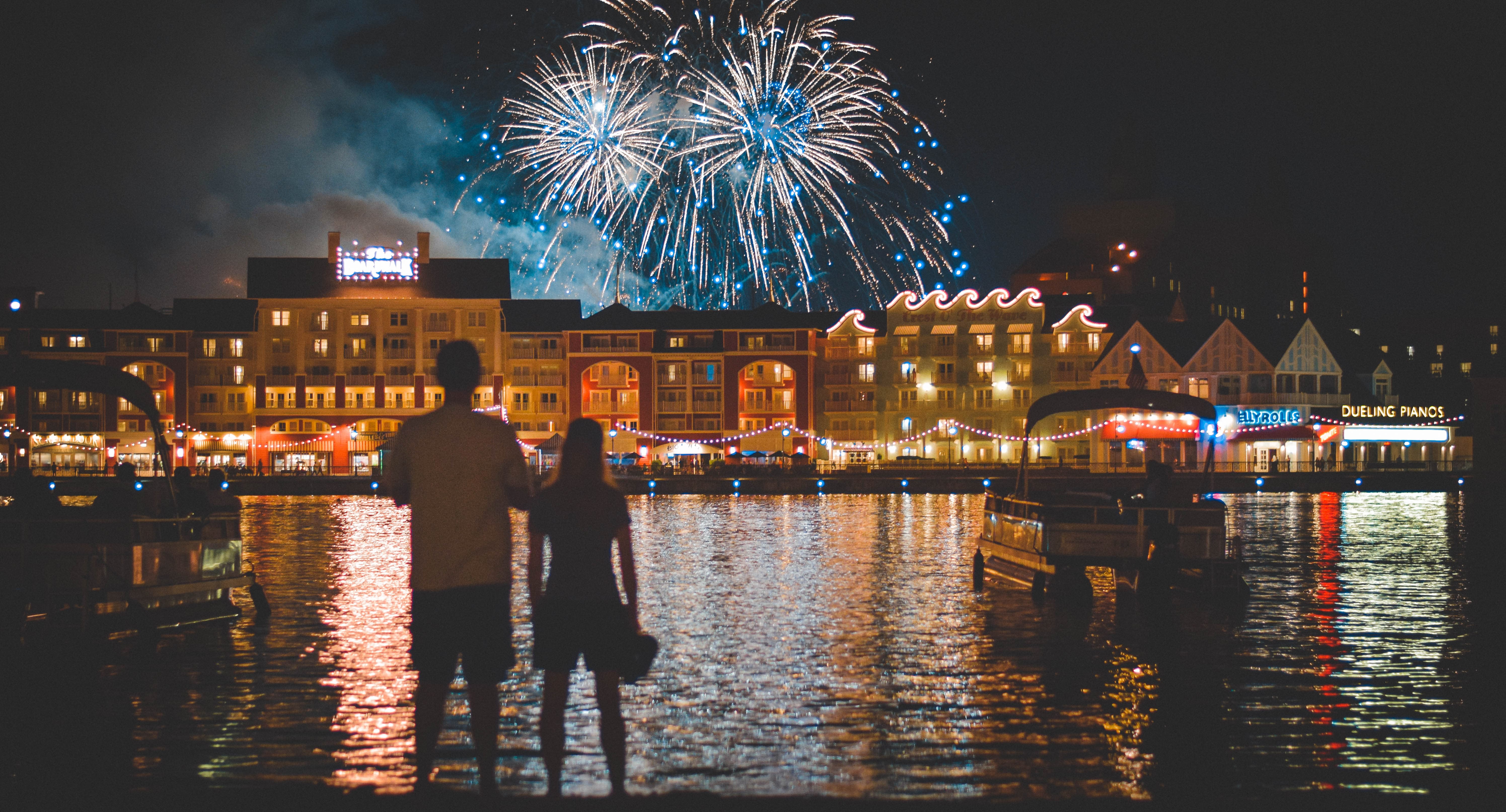 Image of Water, Waterfront, Lighting, City, Urban, Nature, Night, Outdoors, Person, Metropolis, Fireworks, Photography, Handbag, Downtown, 