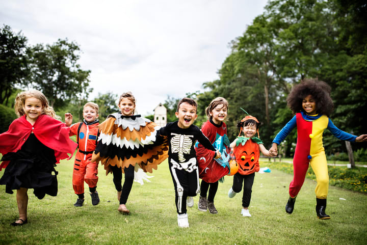 Image of Grass, Nature, Outdoors, Park, People, Person, Face, Head, Photography, Portrait, Child, Female, Girl, Tree, Costume, Boy, Male, Vegetation, Pants, 