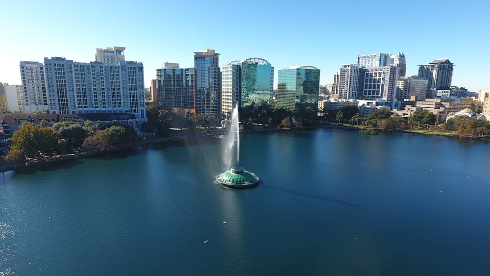 Image of City, Cityscape, Urban, Metropolis, Water, High Rise, Fountain, Condo, Housing, Office Building, 