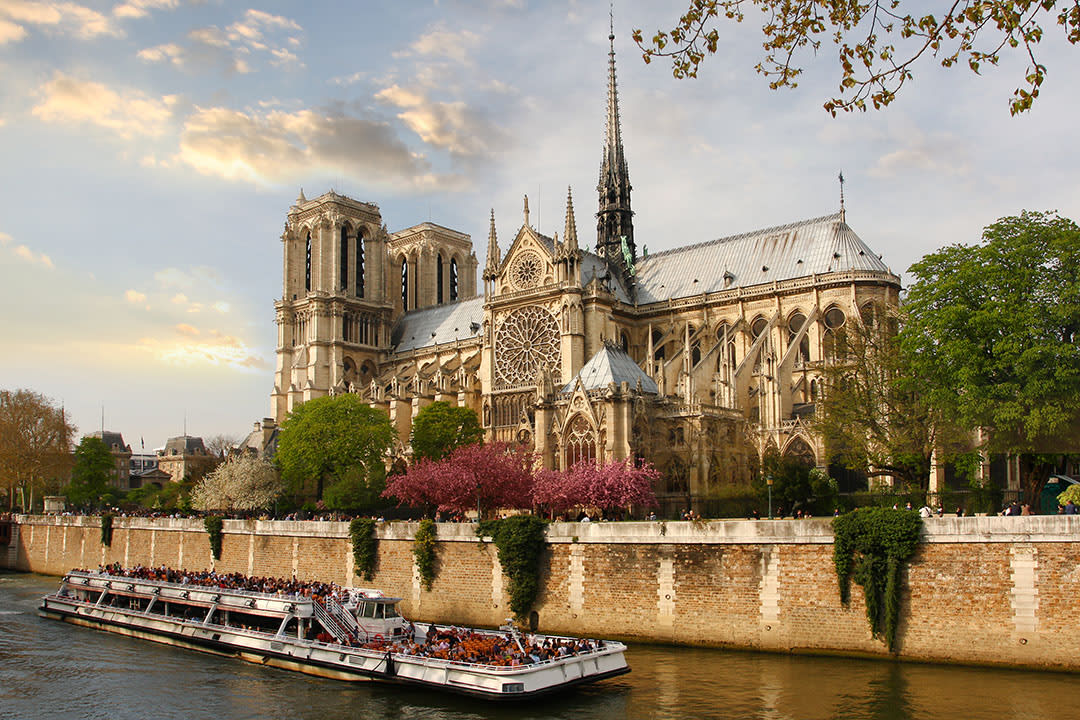 Image of Arch, Gothic Arch, Cathedral, Church, Boat, Vehicle, Person, Spire, Tower, Water, 