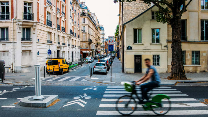 Image of Road, Bicycle, Vehicle, Car, Adult, Male, Man, Person, Pedestrian, City, Urban, Cycling, Tarmac, Neighborhood, 