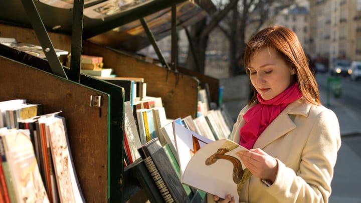 Image of Book, Publication, Person, Reading, Adult, Female, Woman, Indoors, Library, Shop, Scarf, 