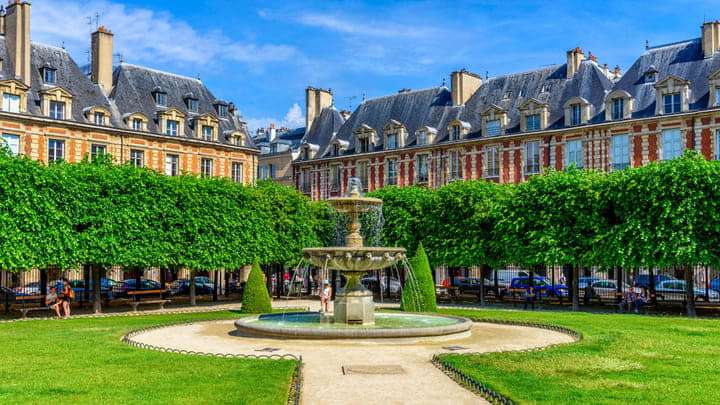 Image of Car, Fountain, Water, Person, Bench, Grass, 