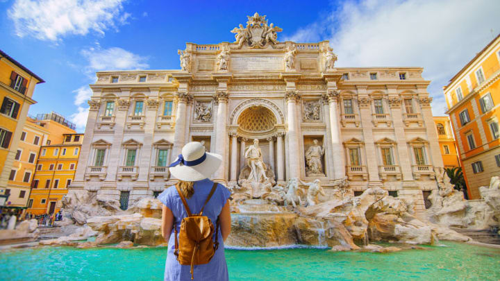 Image of Fountain, Water, Adult, Female, Person, Woman, Hat, 