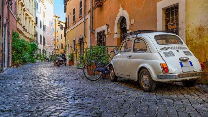 Image of Path, Road, City, Street, Urban, Cobblestone, Plant, Car, Vehicle, Bicycle, Motorcycle, Walkway, 