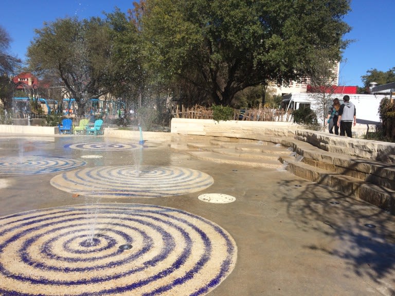 Image of Fountain, Water, Grass, Nature, Outdoors, Park, Chair, Person, City, Tree, Rug, 