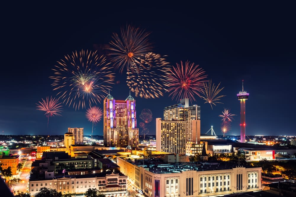 Image of City, Urban, Building, Cityscape, Metropolis, Fireworks, Tower, Nature, Night, Outdoors, 