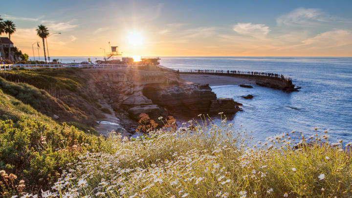 Image of Nature, Outdoors, Sky, Summer, Promontory, Water, Flare, Light, Scenery, Sea, Sunlight, Sunrise, Land, Sunset, 