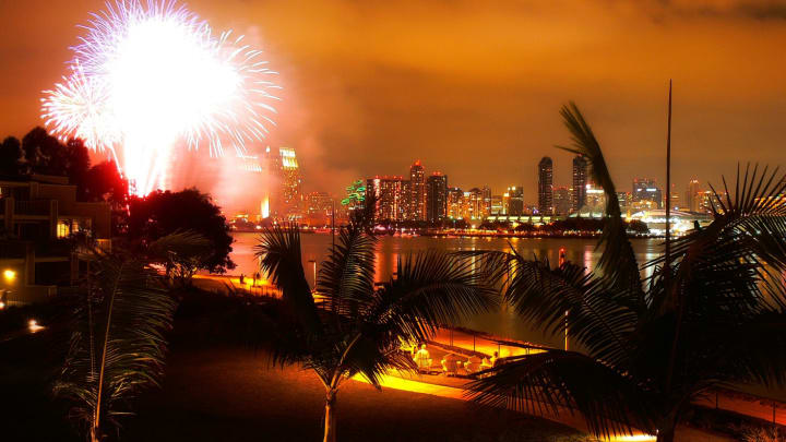 Image of Flare, Light, Fireworks, City, Urban, Palm Tree, Tree, Lighting, Person, Nature, Night, Outdoors, 