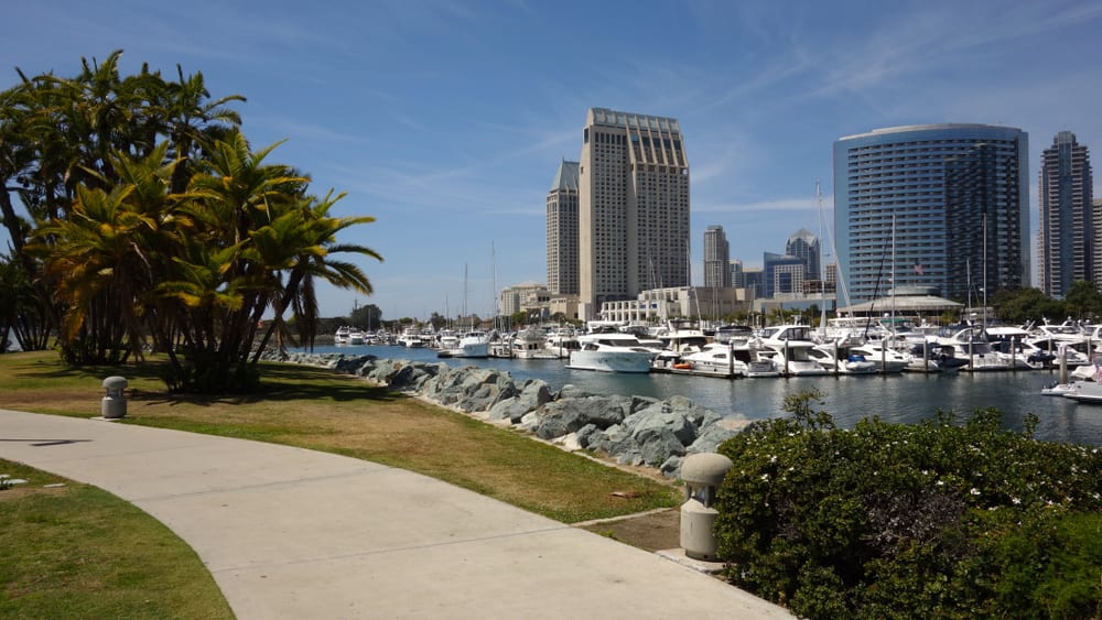 Image of Water, Waterfront, City, Harbor, Pier, Metropolis, Urban, Summer, Marina, Path, Tree, Sidewalk, Cityscape, Boat, Vehicle, Nature, Outdoors, Scenery, Watercraft, 