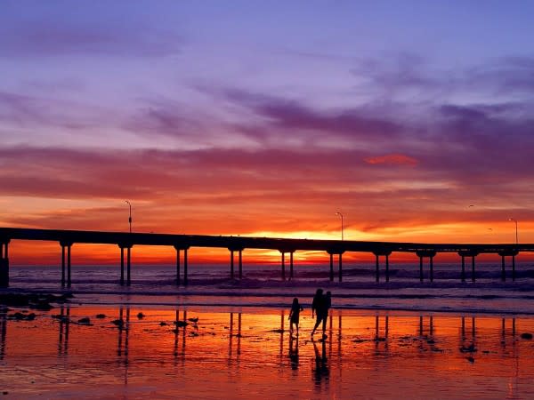 Image of Water, Waterfront, Pier, Nature, Outdoors, Sky, Person, Beach, Coast, Sea, Shoreline, Sunrise, 