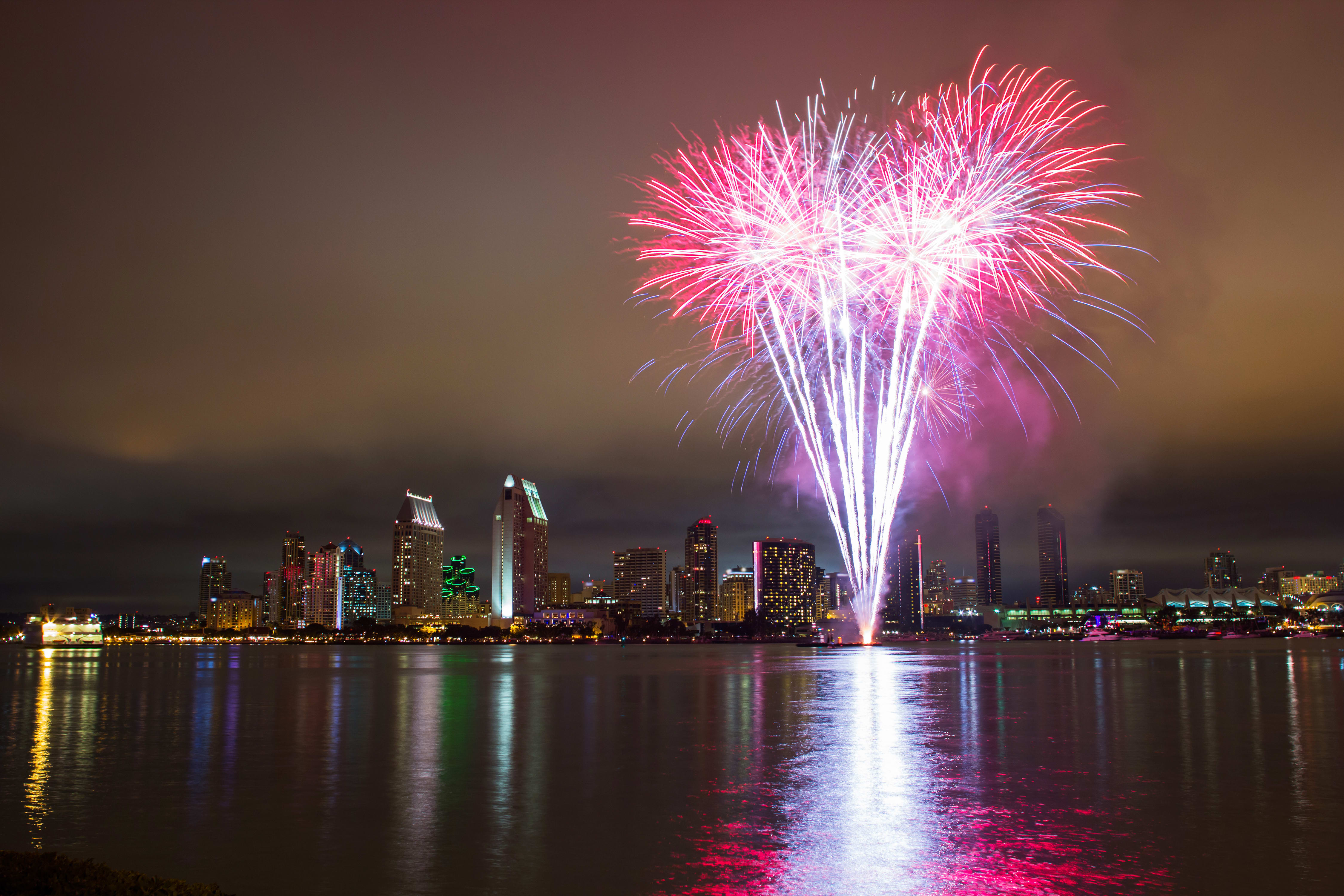 Image of Fireworks, City, Metropolis, Urban, Cityscape, Water, Waterfront, 