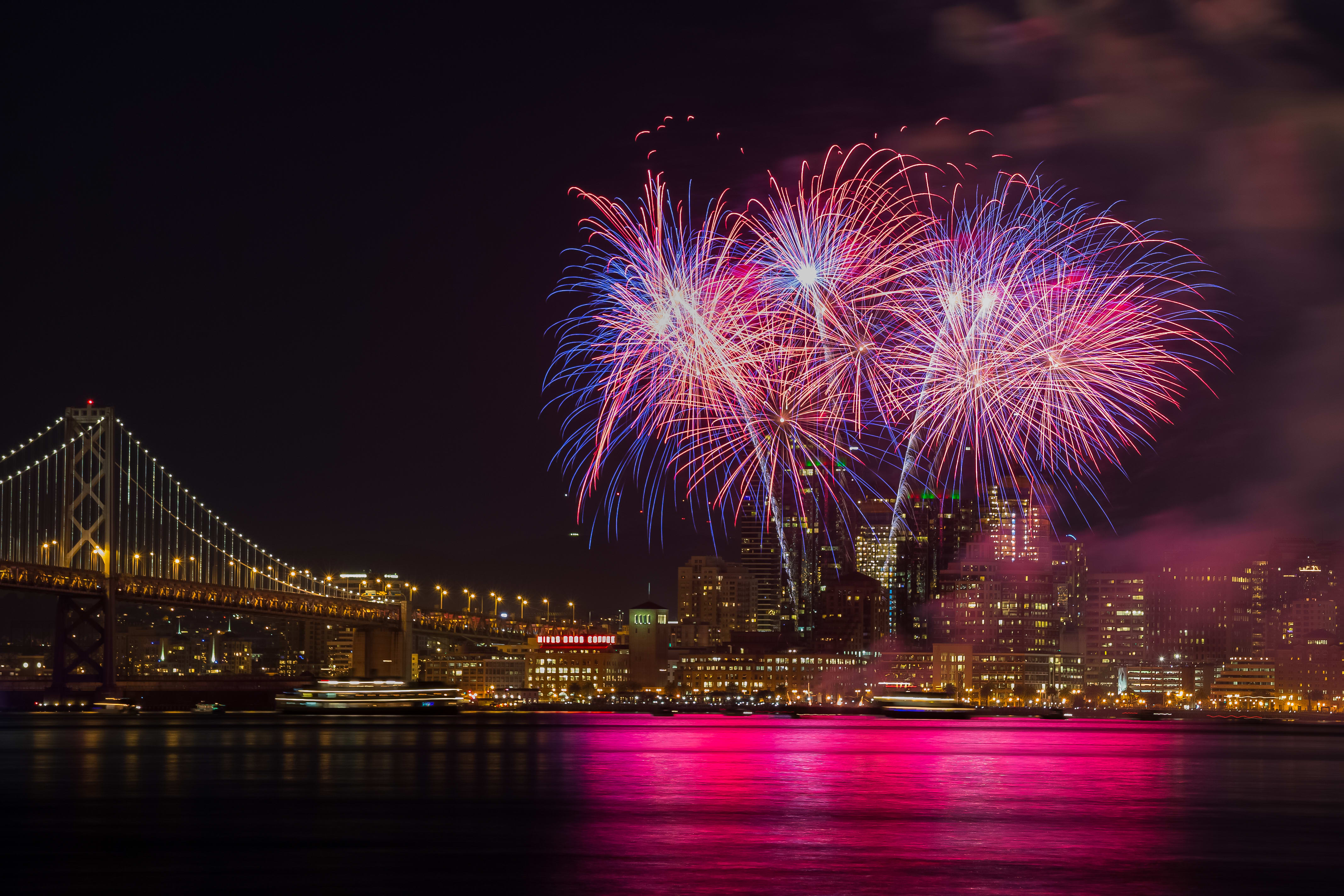 Image of Fireworks, City, Metropolis, Urban, Water, Waterfront, Cityscape, 