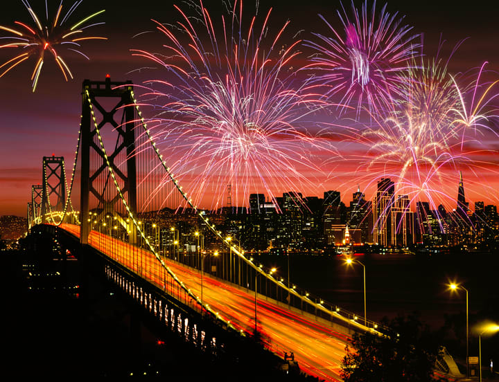 Image of City, Metropolis, Urban, Cityscape, Bridge, Fireworks, 