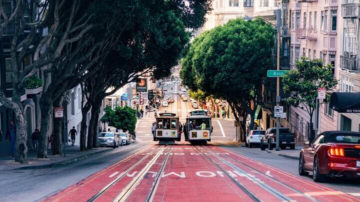 Image of City, Road, Street, Urban, Neighborhood, Cityscape, Cable Car, Vehicle, 