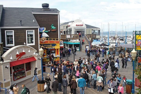 Image of Boardwalk, Bridge, Water, Waterfront, City, Person, Backpack, Urban, Handbag, Bird, People, Pier,