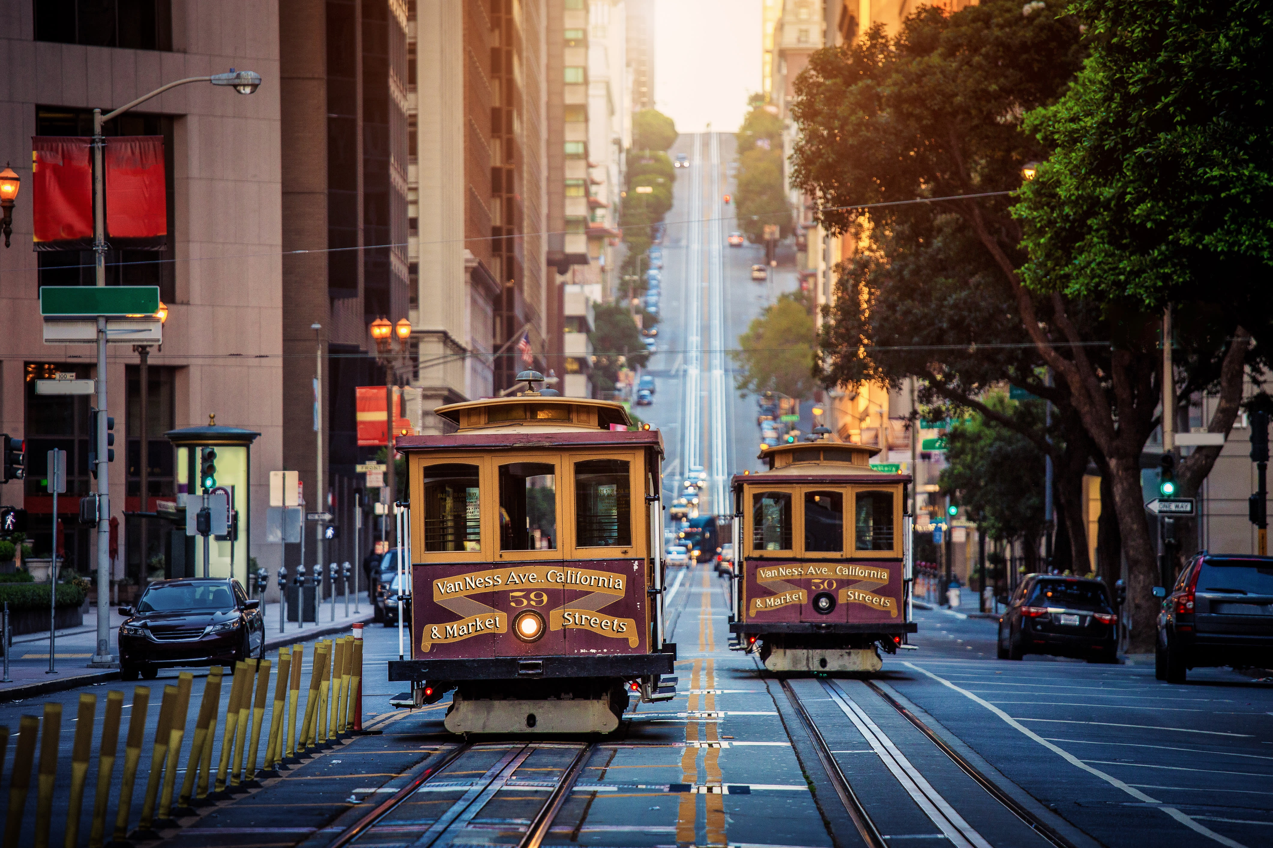 Image of Cable Car, Vehicle, Car, Streetcar, Traffic Light, Person, Bus, 