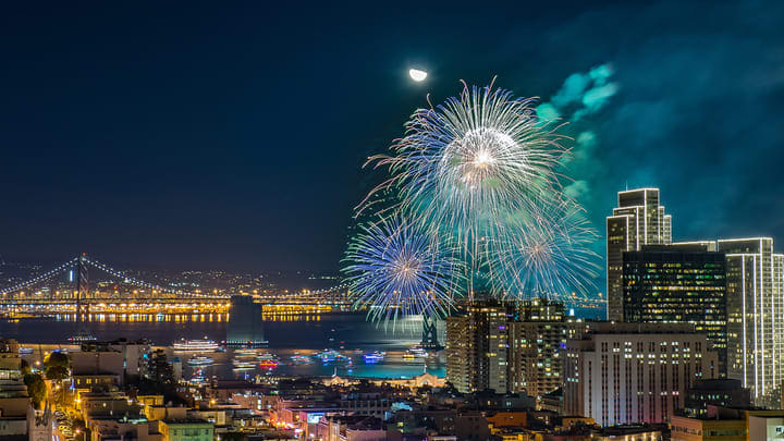 Image of Cityscape, Urban, City, Fireworks, Nature, Night, Outdoors, 