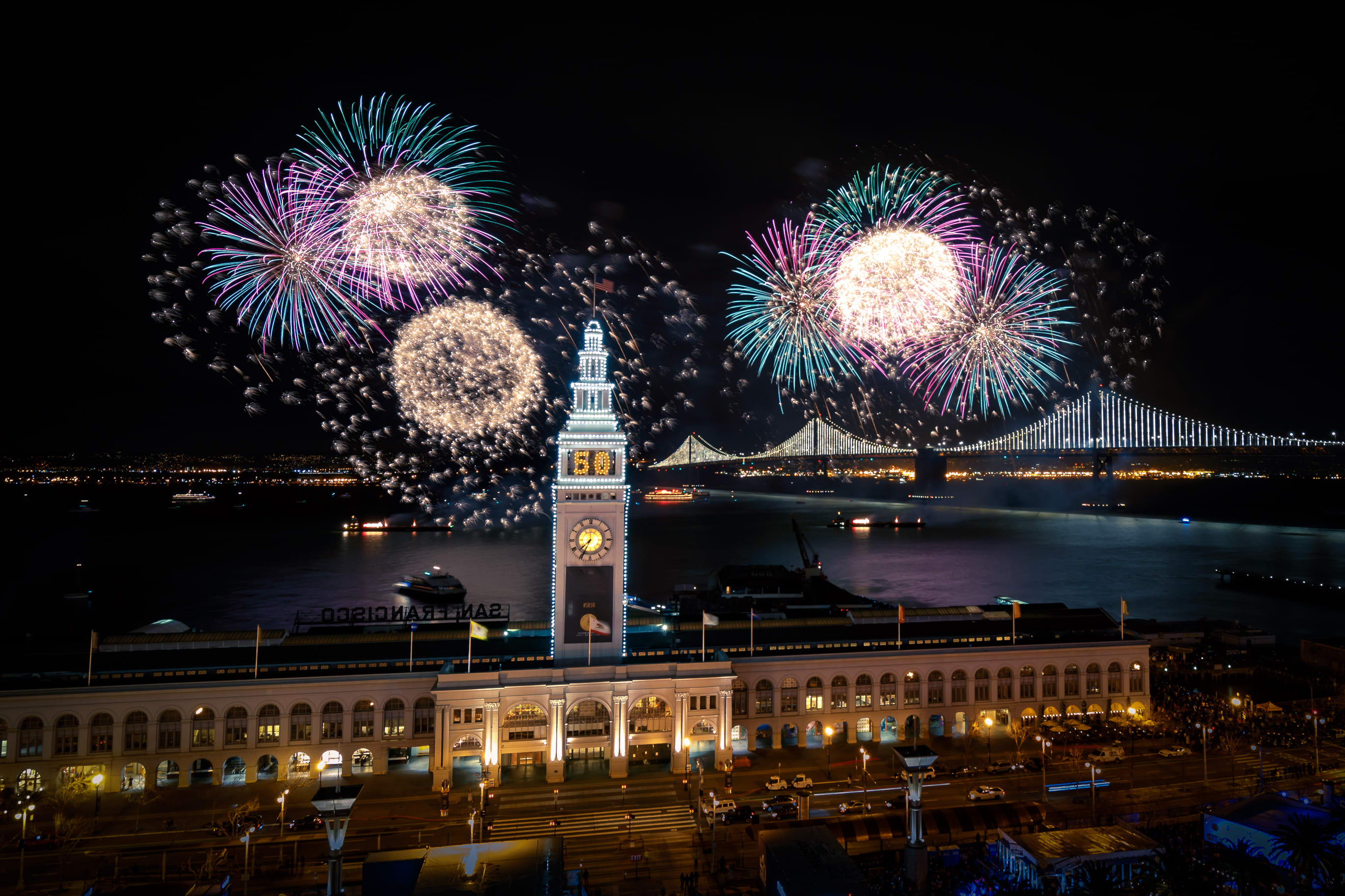 Image of Clock Tower, Tower, Fireworks, City, Metropolis, Urban, Car, 