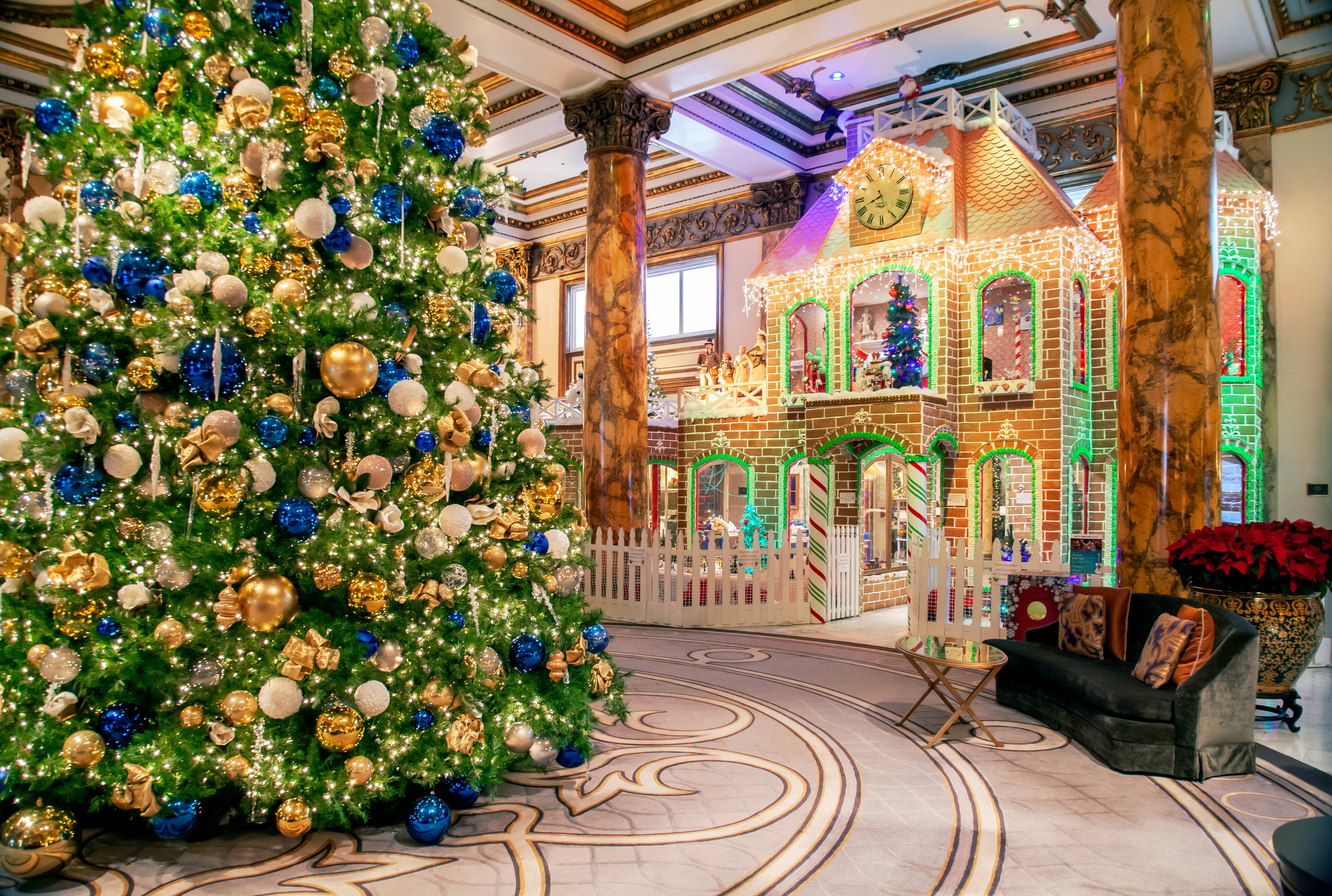 Image of Couch, Furniture, Christmas, Christmas Decorations, Festival, Plant, Christmas Tree,