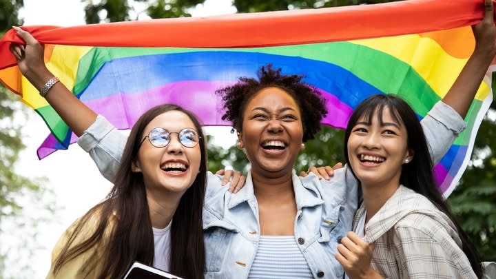 Image of Head, Person, Face, Happy, Parade, Laughing, Adult, Female, Woman, Glasses, 