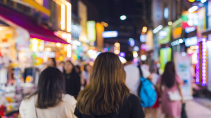 Image of Urban, City, Person, Shopping, Adult, Female, Woman, Bag, Handbag, Road, Street, Night Life, 