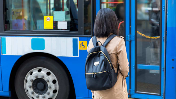 Image of Backpack, Bag, Adult, Female, Person, Woman, Bus Stop, Accessories, Handbag, 