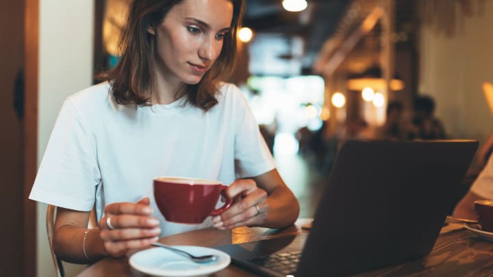 Image of Adult, Female, Person, Woman, Cup, Computer, Electronics, Laptop, Pc, 