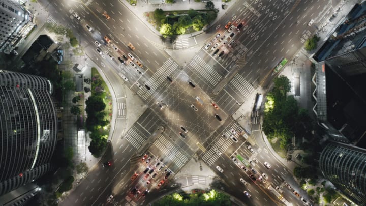 Image of Road, Intersection, Outdoors, City, Urban, Aerial View, 