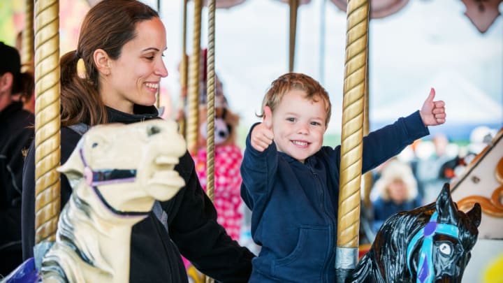 Image of Play, Adult, Female, Person, Woman, Boy, Child, Male, Amusement Park, Carousel, 