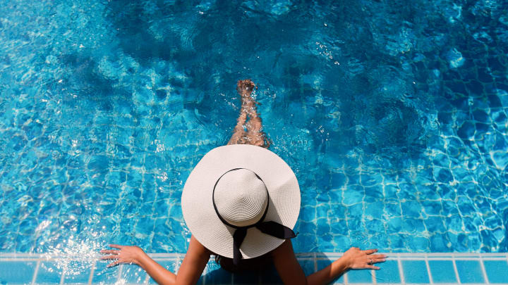 Image of Hat, Pool, Water, Person, Swimming, Swimming Pool, Sun Hat, Adult, Female, Woman, Summer, 