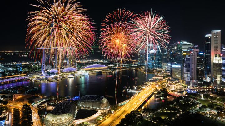 Image of Water, Waterfront, City, Cityscape, Urban, Fireworks, 