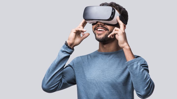 Image of Head, Person, Face, Photography, Adult, Male, Man, Happy, Smile, VR Headset,