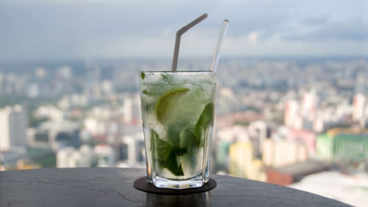 Image of Alcohol, Beverage, Cocktail, Mojito, Cup, Dining Table, Herbs, Mint,