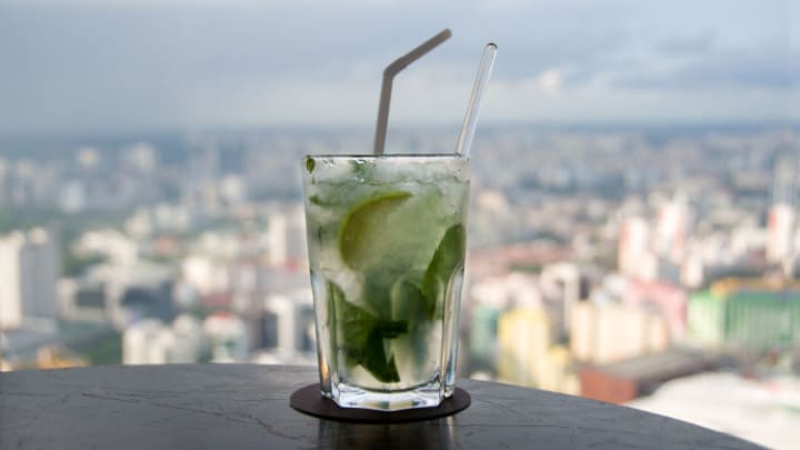 Image of Alcohol, Beverage, Cocktail, Mojito, Cup, Dining Table, Herbs, Mint, 