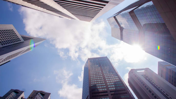 Image of City, Metropolis, Urban, Office Building, High Rise, Condo, Housing, Skyscraper, Nature, Outdoors, Sky, Apartment Building, Cityscape,
