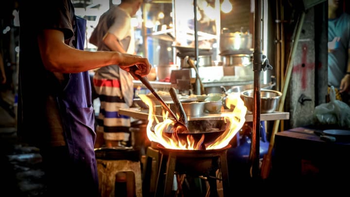 Image of Adult, Female, Person, Woman, Cooking Pan, Cookware, Cooking, Food, Stirring Food, Factory, 